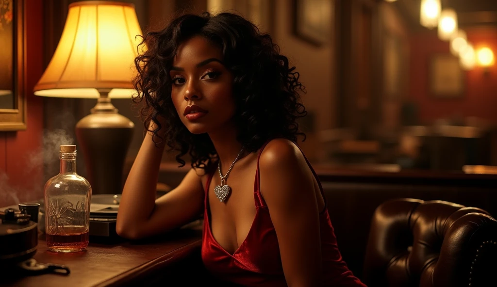 a black woman with curly hair, lounging on a red velvet sofa in a dimly lit room, surrounded by candles, while listening to music on a vintage record player, cinematic light, album cover, ultra quality, 8K, detailed face, beautiful face, intricate details, night