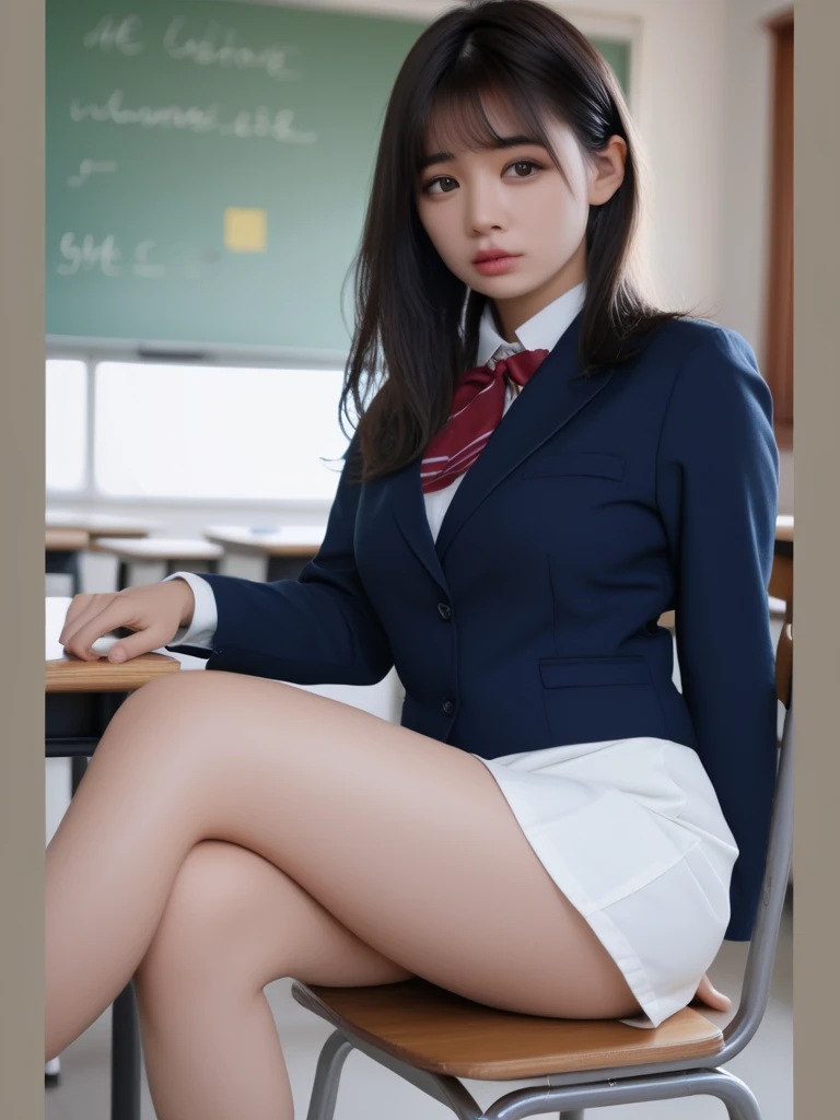 （8K，RAW photos，top Quority，tmasterpiece），HD RAW color photo professional close-up Photograph，（realisticlying，realisticlying：1.37），（HighestQuali），（Best shadow），（Most Best Illustration），鎖骨（（The large）），（（，Raised sexy，超高分辨率，High-definition CG unity 8K wallpapers，physically-based renderingt，cinmatic lighting），（aegyo sal：1），18 years old girls，（grey blazer，Ribbons，sockes，High School Uniforms：1.2），high school classroom， beatiful detailed eyes，Light on the face，（（full body shot shot：1.2）），Particularly bright light，（Upper Eye：1.2），shiny skins，（（（brunette color hair，bob hair：1.2））），（thick thight），ulzang-6500-v1.1：0.2，is shy，（flash lights：1.2），NSFW，（puffynipple），（（tempting pose：1.2，big breasts enchanting：1.2）），（Idle），（Sit at a desk in the classroom：1.2）），（（Good anatomy：1.2）），（（Bright and refreshing classroom，The background is blurred out： 1.2）），s the perfect face，cute  face，（high-angle shot：1.2）