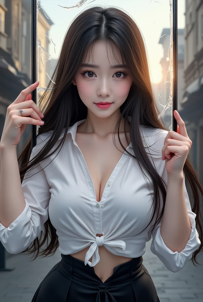 (masterpiece), (best quality), (perfect body), 1girl, stunning beauty, beautiful girl, 1girl, solo, portrait, waist high portrait, uper body, eye focus, photography, sexy, linen shirt, white shirt, open shirt, braless, smile