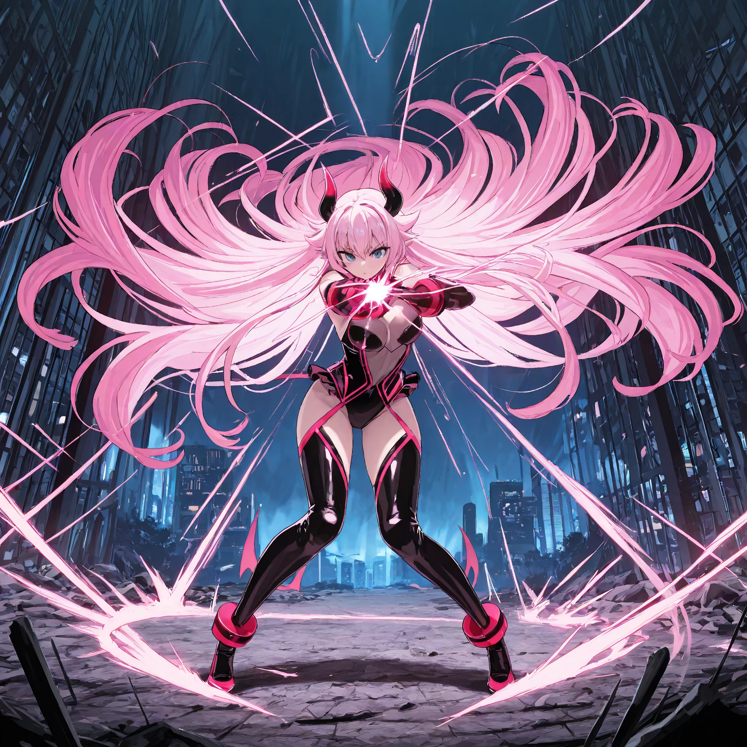 (((full body)),zero two \(darling in franxx\), darling in franxx, 1girl, bangs, bite, blush, eyeshadow, green eyes, hair behind head, horns, long hair, makeup, pink hair, red eyeshadow, science fiction, tight skin, solo. (( front)) ,(((side))) (((back))) , thighs, small breasts
