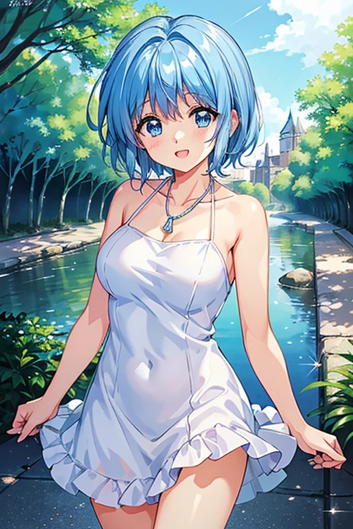(masterpiece:1.2, highest quality), 1 girl,Rem,Re:zero, blue hair,short hair,grin,Big, blue eyes,cute eyes, big breasts, cleavage, leaning forward, Face-to-face audience, dress, wide brimmed hat, strap sandals, Oversized sunglasses, Simple hoop earrings, shell necklace, areola slip, down blouse, embarrassing, blue hair swaying in the wind, nature, straw hat, serene spaces,