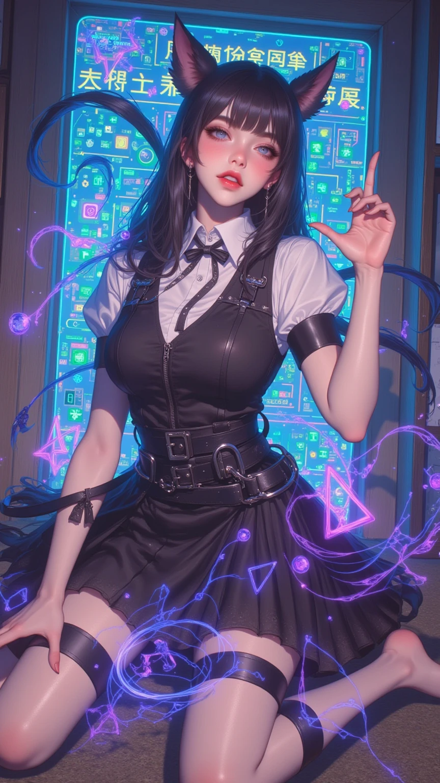 1girl,breasts,gloves,solo,glasses,black hair,long hair,halo,large breasts,necktie,twintails,multicolored hair,looking at viewer,purple eyes,open mouth,long sleeves,upper body,black gloves,low twintails,jacket,bangs,
