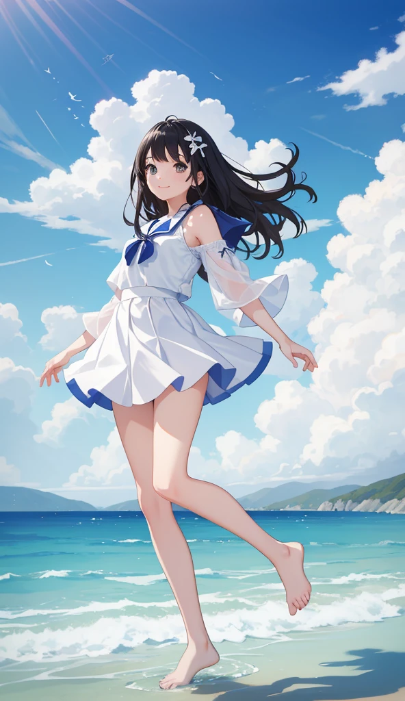 Semi-transparent sailor suit、Seaside、Highest quality、the wind is strong