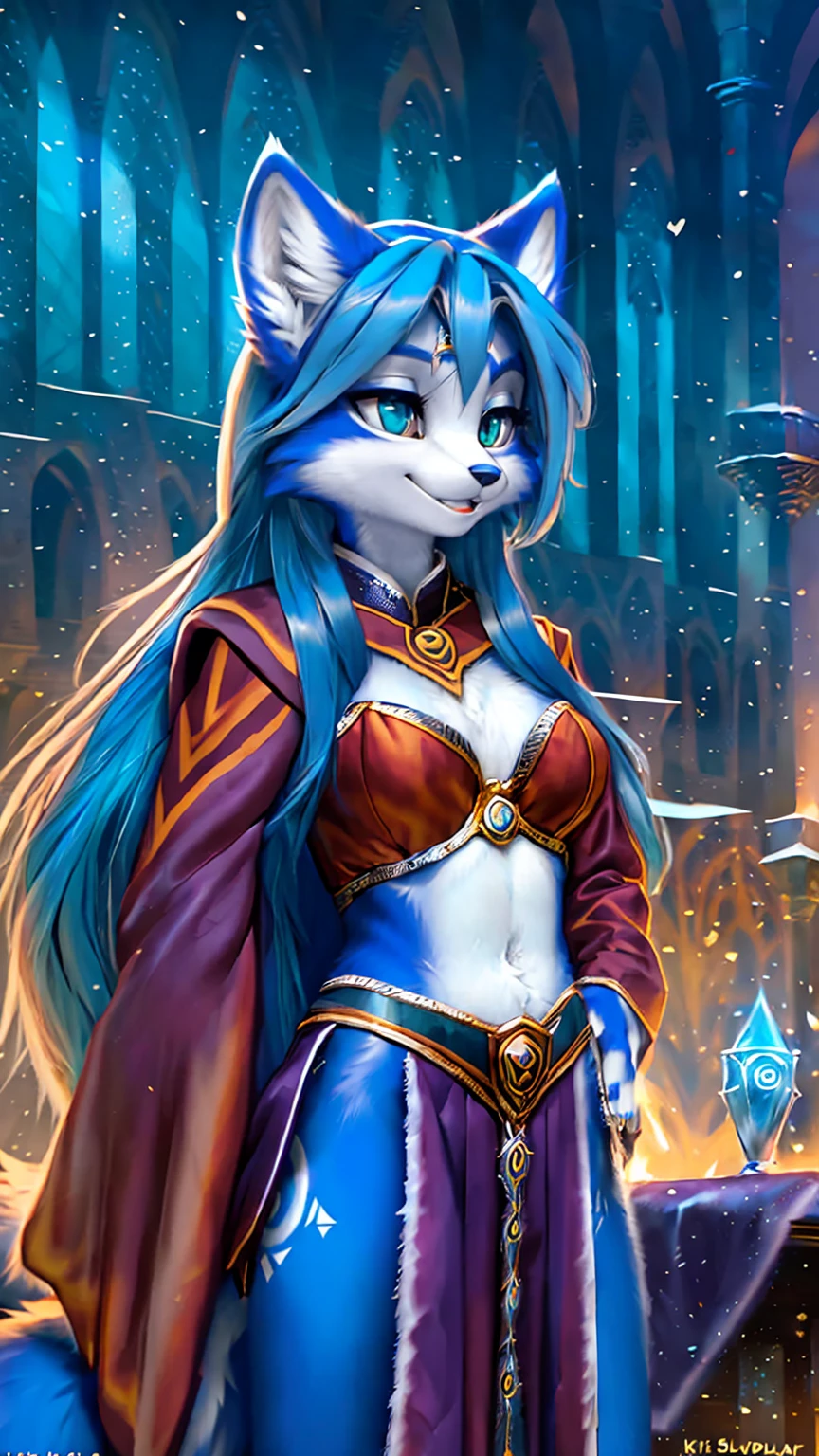 A beautiful and detailed (sweet picture) wa ((krystal)), Star Fox Krystal, sslim, lovable, green eyes, medium breasts, (((Long blue hair 1.3))), Decollete, grin, look up,, anthro, furry, Uploaded E621, detailed fluffy fur, (wa Fluff-Kevlar, Bayard Wu, personalize me, Pino Daeni), detailed face, (fluffy), 1 girl, alone, sweet girl, alone, ((((is located in Hogwarts)))), magician clothing