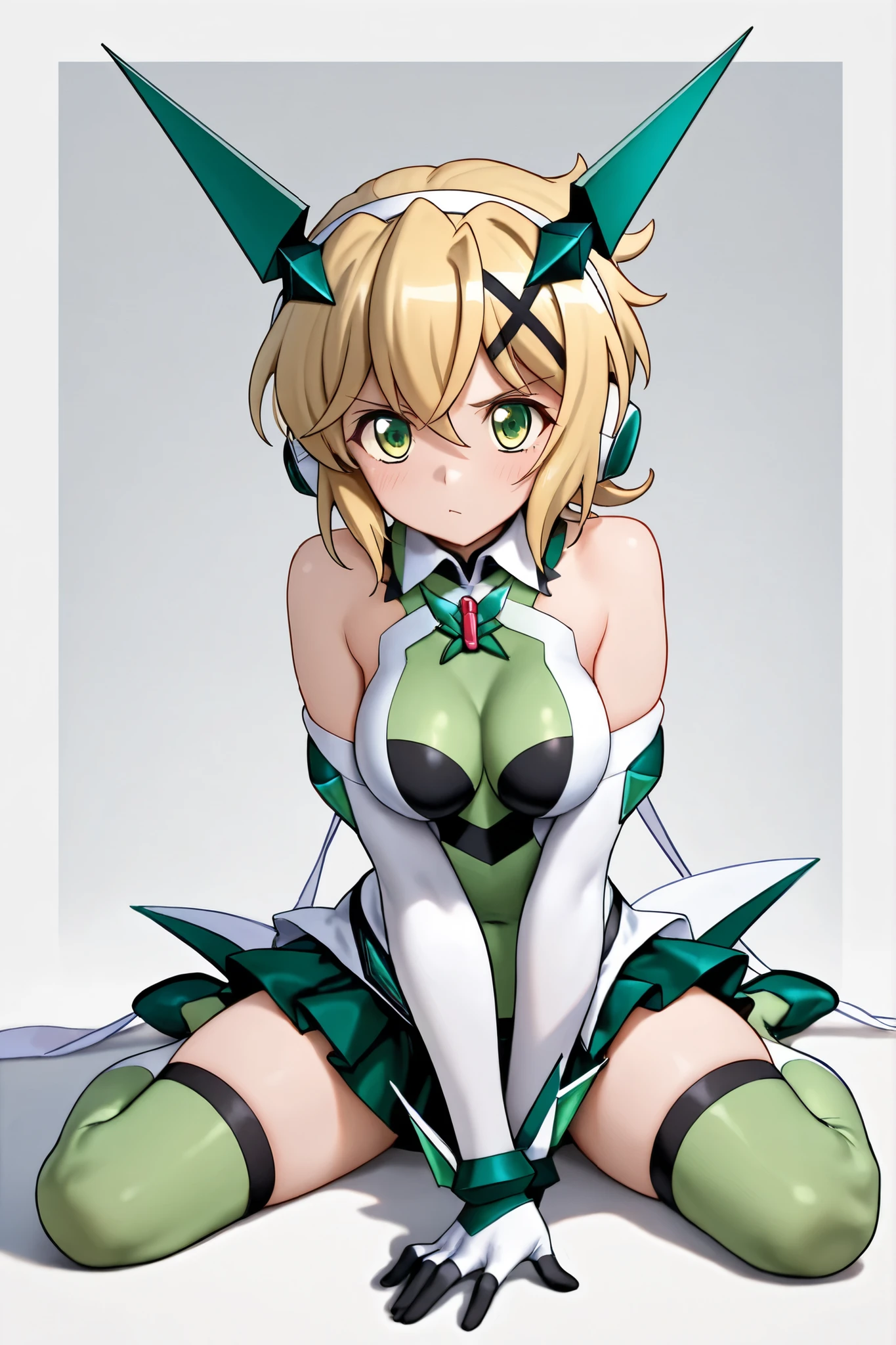 score_9, score_8_up, score_7_up, source_anime, absurdres, bedroom, frll body, 1girl, solo, angelabalzac, blonde hair, blue eyes, deva battle suit, thighs, bare shoulder, elbow gloves, headgear, long hair, low twintails, twintails, very long hair, smile, lying, on side, looking at viewer, masterpiece, best quality, very aesthetic, anime screencap, highly detailed, 8k, 