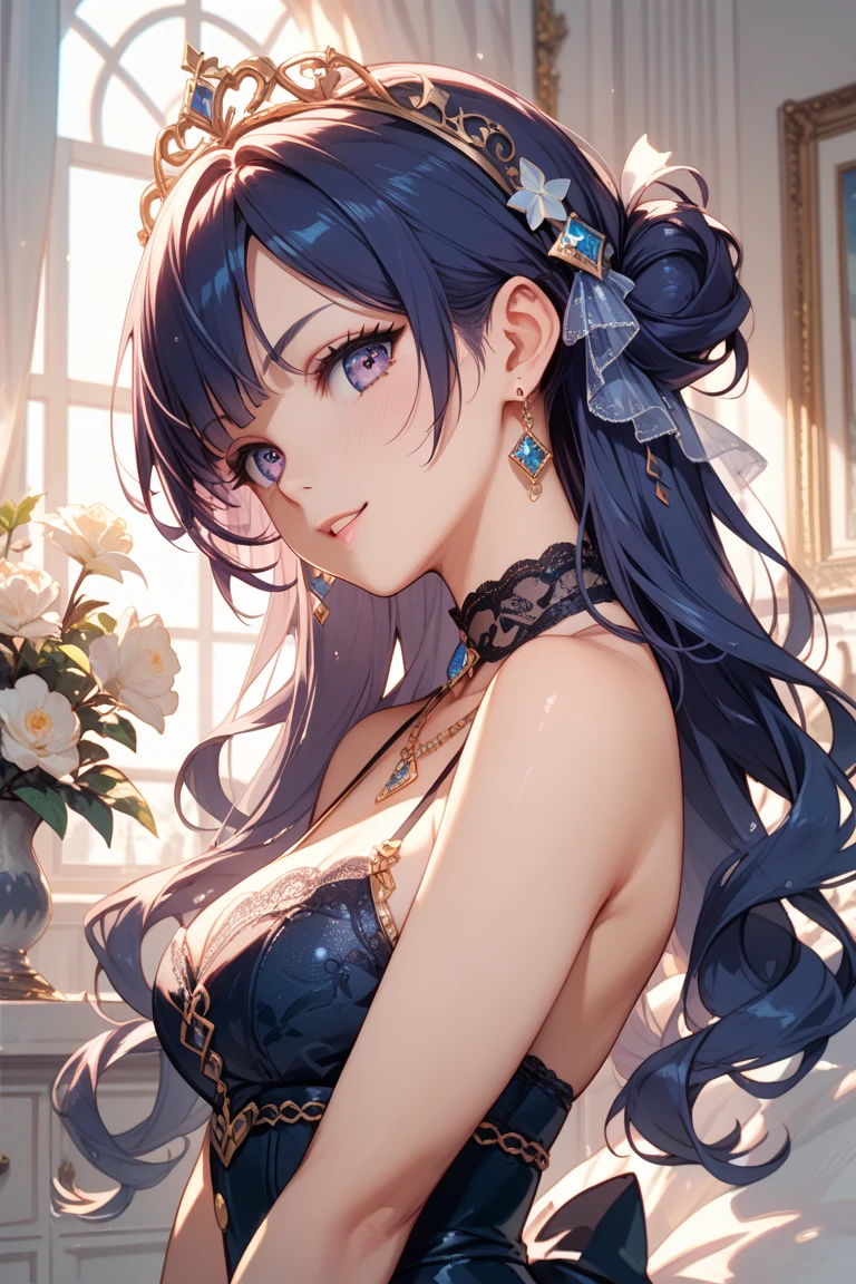 ((masterpiece, best quality)),
St. Louis \(luxury wheels\) \(Azur Lane\), Highres, highest quality, illustration, cinematic light, ultra detailed, detailed face, (detailed eyes), best quality, hyper detailed, masterpiece, (detailed face), large breasts, hair ornament, earrings, necklace, portrait, pink underwear, revealing clothes, higher details, luminous eyes, (bedroom: 1.2), sitting on the bed, sitting, bed, window, night sky, backlighting,  light rays, (high contrast), (colored),