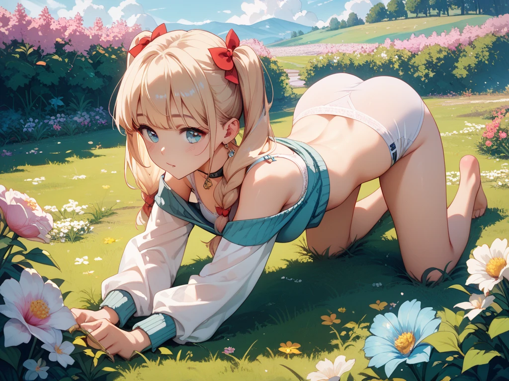 ((Highest quality、High resolution))、(1 Girl)、Perfect body、Beautiful and bountiful breasts、tits、Ass、Pussy、long blond、bangs、Blue and white、Embellished blue sexy dress、skirt、(((ass pov、Show lace panties)))、Outdoor Scenery、((Embarrassed、Love juice))