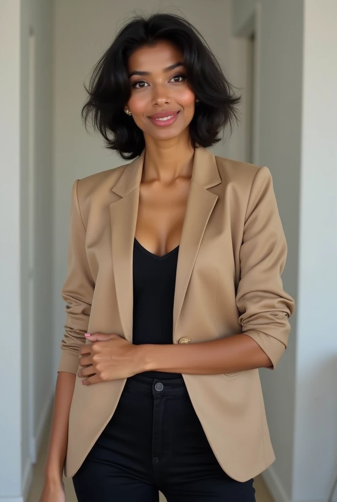 Amira, 1girl, solo, ((Sudanese woman)), consistent face and body, ((MILF)), ((30 years old)), (mature), ((slim)), ((Sudanese face)), (Sudanese nose), (Sudanese lips), short hair, upper body and upper legs, (background: Hollywood of Africa), BREAK, (wearing dessert clothes)