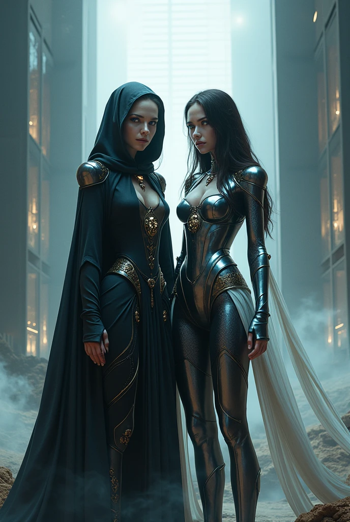 Create an illustration of a dark-haired girl with pale skin in a silver dress.
Behind her stands a werewolf with dark gray fur.
Angle Frontal, facing the viewer, in the background is a modern city with Greek and fantasy elements, this can resemble twilight
The illustration should only have two characters - a girl and a werewolf!
