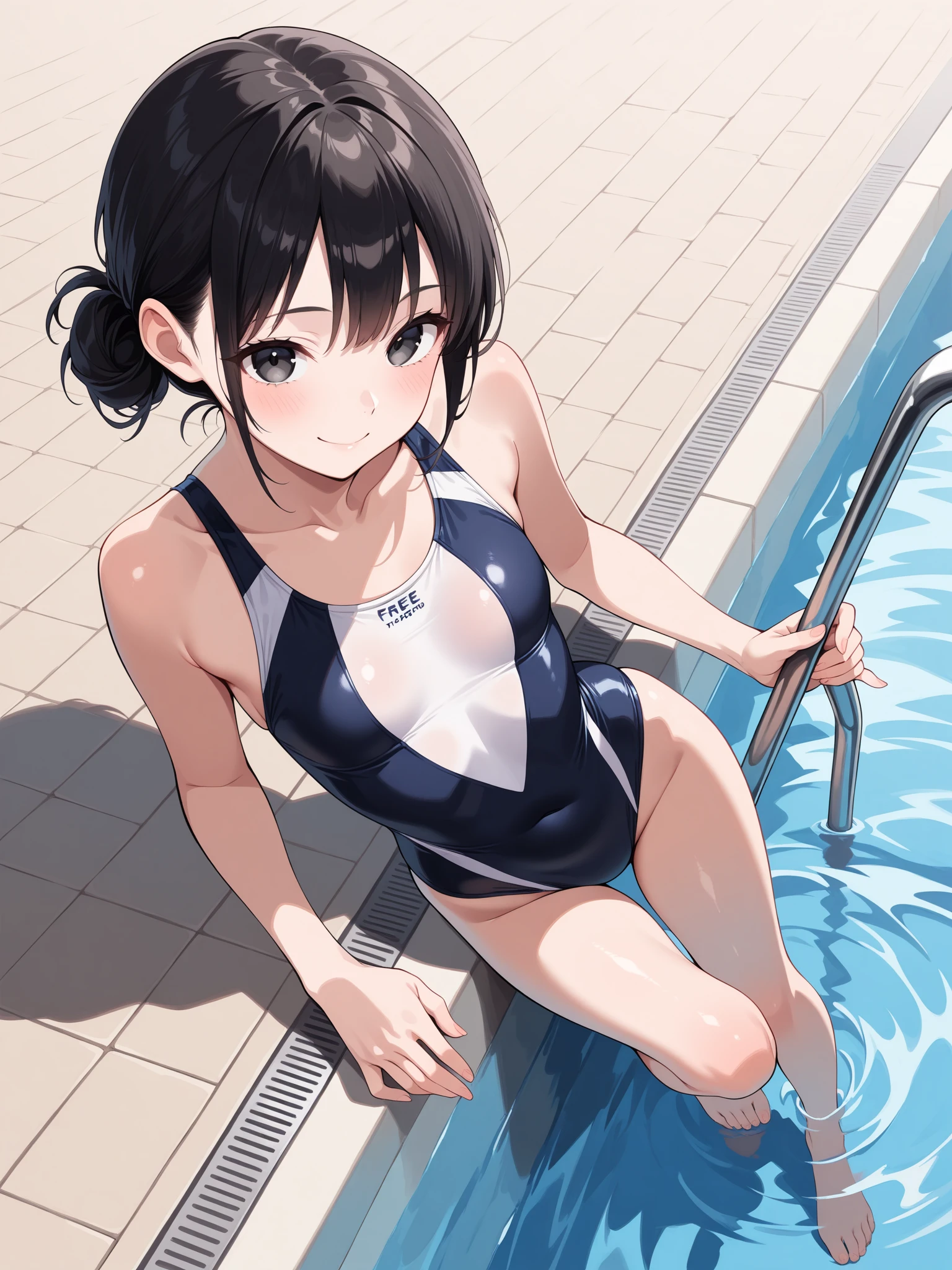 (One girl)、smile、Light blue competitive swimsuit、Poolside、Dark brown short hair、Dark brown eyes、Spread your legs