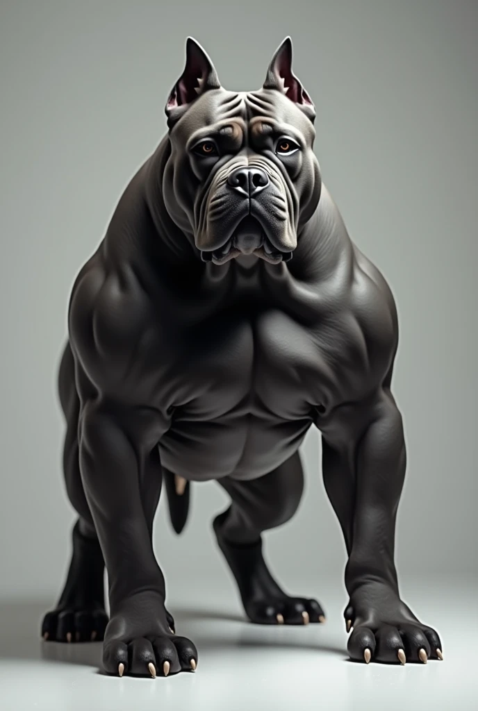Create an all-black bulldog with a towering muscular build, every sleek line and curve accentuating its power and majesty. Its eyes, sharp and unblinking, gleam with an intense, unyielding gaze. Its nose, a distinctive wrinkled muzzle, rests in a regal, deliberate pose. The shimmering sheen of its sleek, jet-black fur catches the light in mesmerizing waves. Captured in the highest quality, this masterpiece in realism radiates an air of unparalleled refinement and sophistication. By the hand of master artist, Bebebebebe, this all-black bulldog stands alone