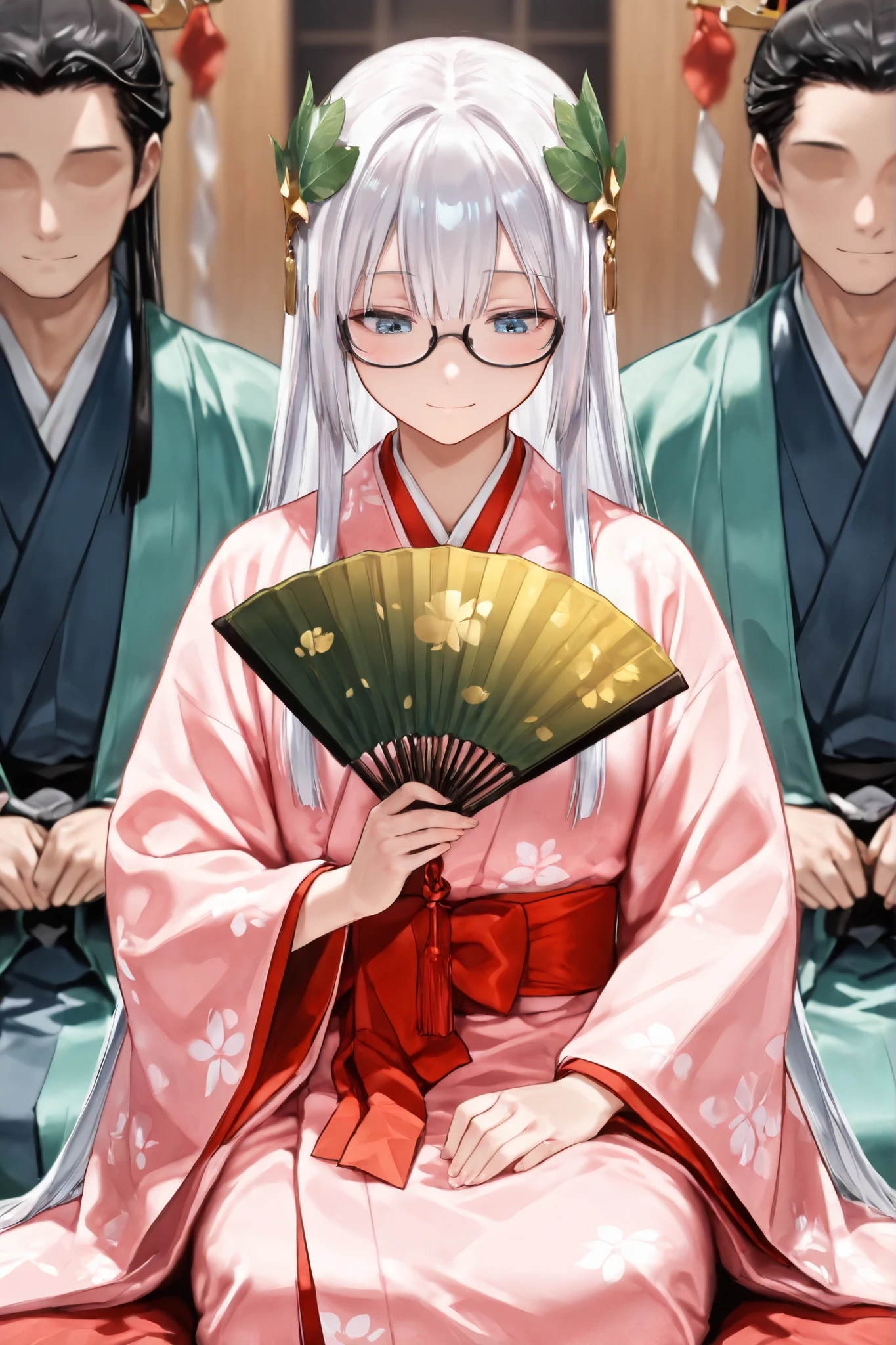 ((Masterpiece)),((best quality)),((incredibly absurdres)),((8K)),(semi realistic),
1 girl,young female,aged up,kawaii,white hair,long hair,straight hair,blue eyes,small breasts,
((black eyewear)),pink kimono,(JyuuniHitoe),green Leaf hair ornament,gold hair ornament,
open eyes,closed mouth,light smile,looking down,
sitting on palanquin,seiza,holding folding fan with both hands,Closed folding fan,BREAK,
Aoi Festival,heian,(faceless) male,many male background,((blurry background)),
cowboy shot,from front,