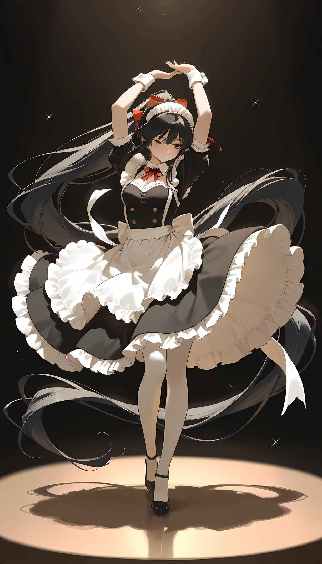 Beautiful maid girl, black hair, dancing, ribbon, absurdly long ponytail