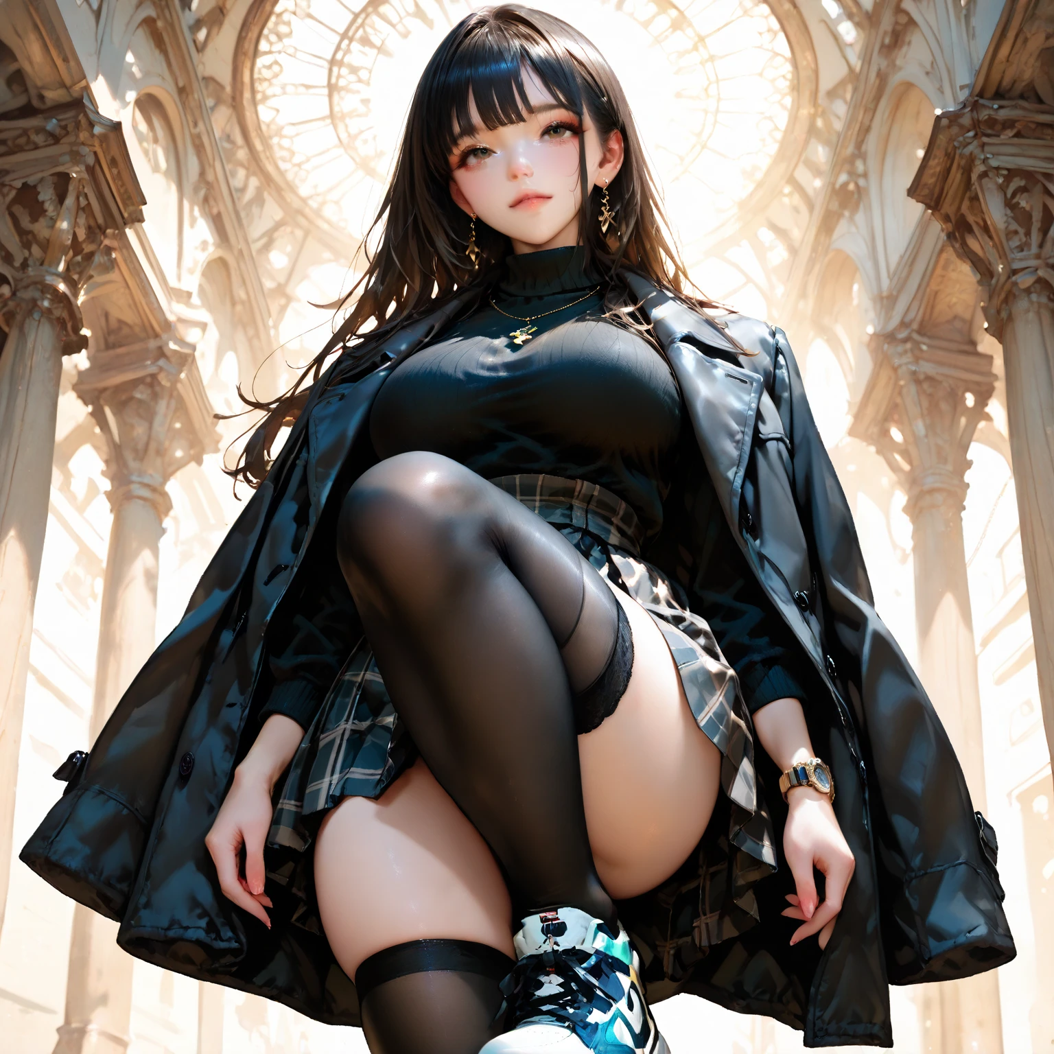 High Resolution, Top Quality, Masterpiece, Ultra High Quality, Ultra Detail, Ultra Realistic, 3D, Anime, Illustration, Fantasy, Solo, ((Beautiful Female Student Short Skirt)), Squatting and Touching Her Hair, (Looking at the camera), (Background Blur))), Brown leather shoes, Bare feet, (Cotton underwear), Large breasts, Front shooting,