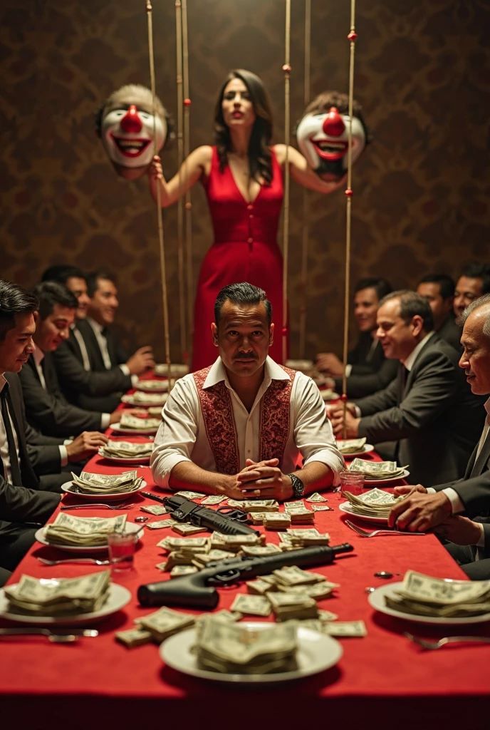 A guy giving mafia boss a gift while the guys face is poured with blood