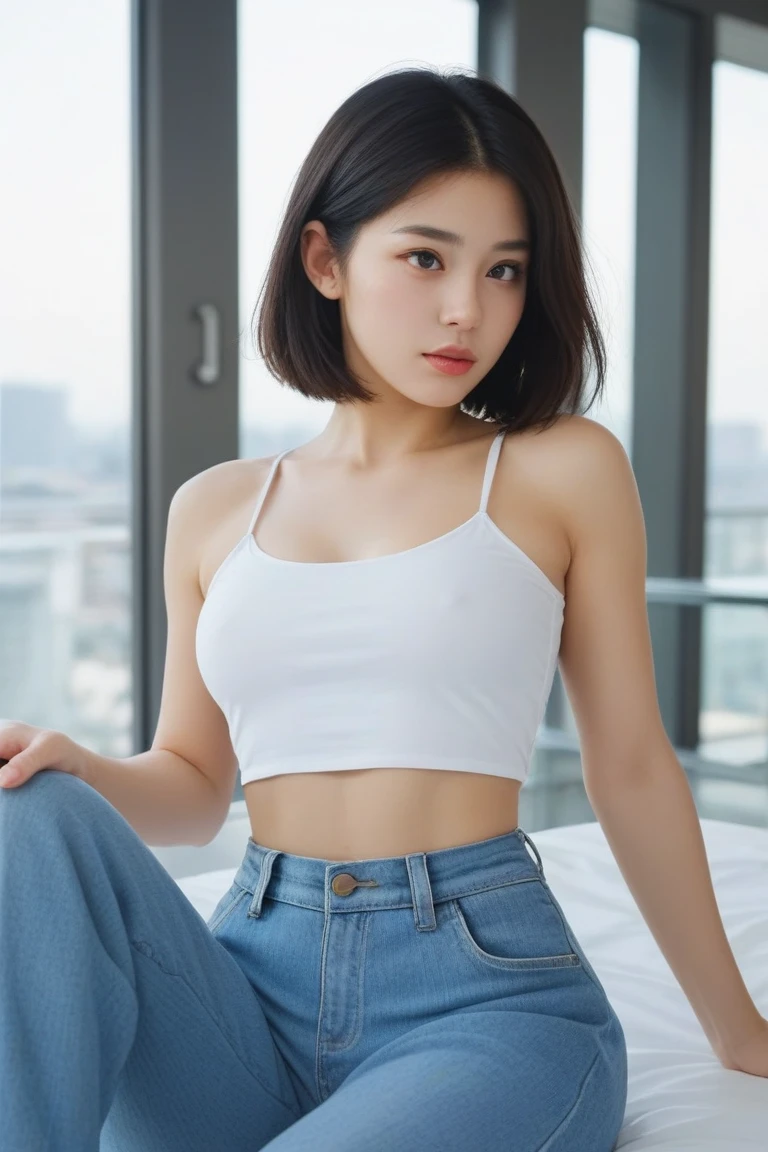 ((Girl vietnamese)), (detailed), perfect face, in the rooms, croptop, no makeup, short jean, undress