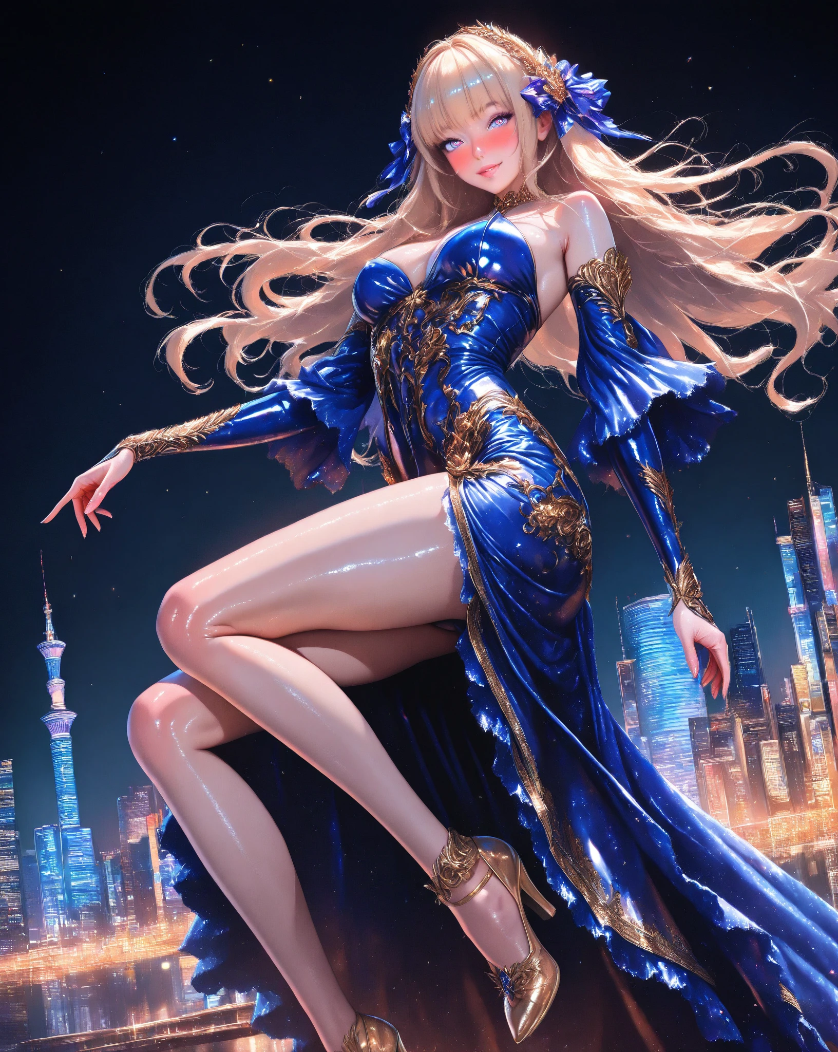 A glamorous giantess in a sparkling silver dress, with long brown hair and green eyes, strides through a bustling medieval city. Her towering form crushes homes and market stalls beneath her stiletto heels, each step causing the earth to tremble. She glances down at the tiny villagers, a cruel smile playing on her lips as her sultry voice echoes, taunting them about their helplessness. Her curvy body glistens in the sunlight, every movement exuding dominance and raw sensuality. Giantess, Goddess, sexy legs, heels, hot, curvy body, mommy issues, small town, small people, tiny people, macrophilia, perspective from below, high quality, almost naked, mature woman, seductive.
