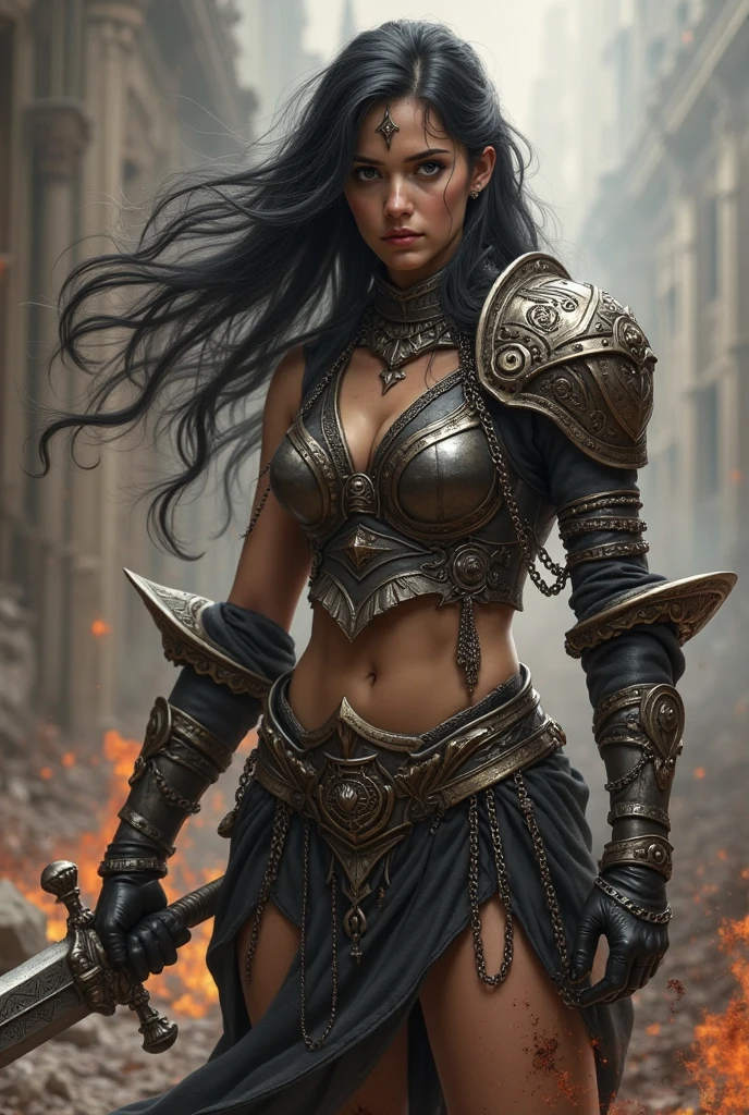 Generate a photorealistic image (best quality), (masterpiece), (realistic) in the style of [Luis Royo], [Boris Vallejo], [Frank Frazetta] and [John Howe] of Aisling Bea as a [warrior woman] riding on a [skeleton horse]  Its eyes are a [piercing red, glowing with an otherworldly intensity] on a background of [a desolate wasteland]. The woman is dressed in [worn leather armor]. [Her hair flows wildly] behind her, and she has [a look of bold warrior] in her eyes. The armor she wears is [a mix of leather and metal], with [dents and scratches] that serve as [a testament to the battles she has fought and won]. She wears [a long cloak] that billows behind her as she charges forward. The woman has [pouty lips] and her face should be [detailed] and [realistic], with [high-resolution] features. Her [blue eyes] have [black eyeliner] and [black eyeshadow] Her hair should be [dark brown], cut in a [messy, layered style]. The woman should have a [slim, skinny figure], [medium length hair], [narrow hips], [narrow shoulders], [very small breasts], and [slim thighs] with defined [hip bones].
In the background, the ruins of [an ancient city] can be seen with [dragons] or [fellbeast] flying in the sky. The sky is [dark], with [flashes of lightning] illuminating the clouds, as if [a storm is brewing]. The [color palette] for this image would be [dark and moody], with [deep shades of red, black, and brown] dominating the scene overall [gritty and raw feel] of the piece. Details such as [the scratches and dents in the armor], [the individual strands of hair blowing in the wind] to add [depth and dimension] to the image.<lora:Aisling-Bea-v10:0.7>