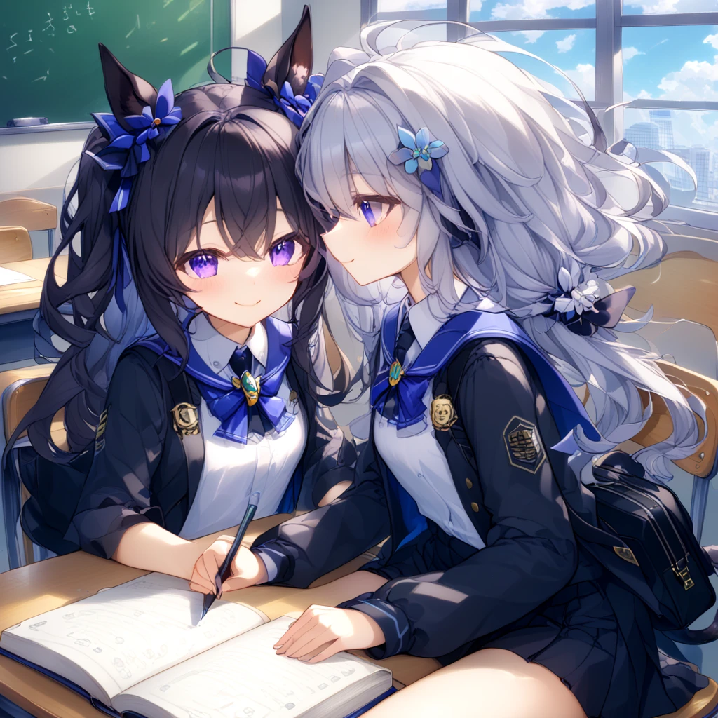 A 17 year old girl . sitting at a two-person desk. Looking forward. pov perfil. hand on the chin. long black fur. blushing. . in a class room.