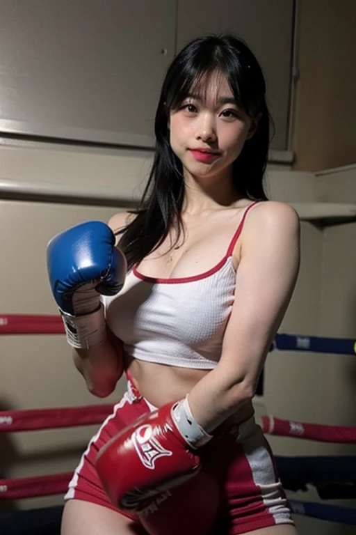 {{1 girl}}, {{highest quality}}, 13 years old、高校のcute女の子, A girl wearing a pink and mint green shirt, Girl with pink boxing gloves, shorts, Off-the-shoulder girls、cute、plump thighs、big breasts、Standing in the boxing ring、dark background、Girl illuminated by light、short cut woman、Fluttering skirt、Punch Pose、((spread legs:1.5))、((Breasts exposed:1.5))、((mini skirt:1.5)),((No panties:1.5))、((Low - Angle:1.5))、
