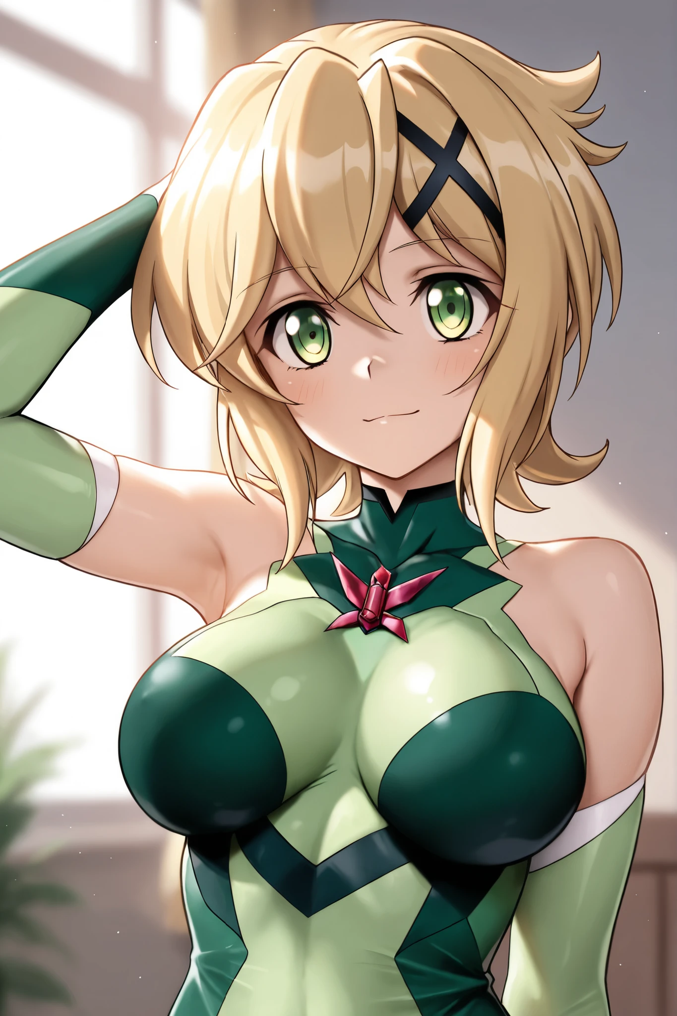 Erotic Symphogear Cut songs Yellow-green sequin corset, off-the-shoulder garter belt, fishnet tights, black background, heart-shaped bedroom, dark theme, evil, temptation, excitement, condescending smile, yandere, trance, sexy pose, upper body emphasis, upward gaze