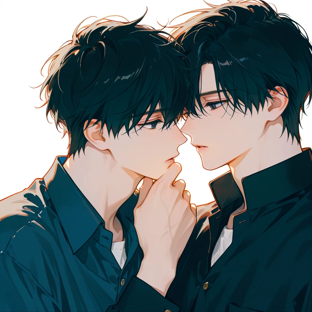 Masterpiece, top quality, two men, adult, in a suit, kiss on the neck, tall muscles, handsome and delicate eyes, intricate details, clear water, moonlit night, smile, aesthetic, romantic, dreamy, kissing, kiss, face close up