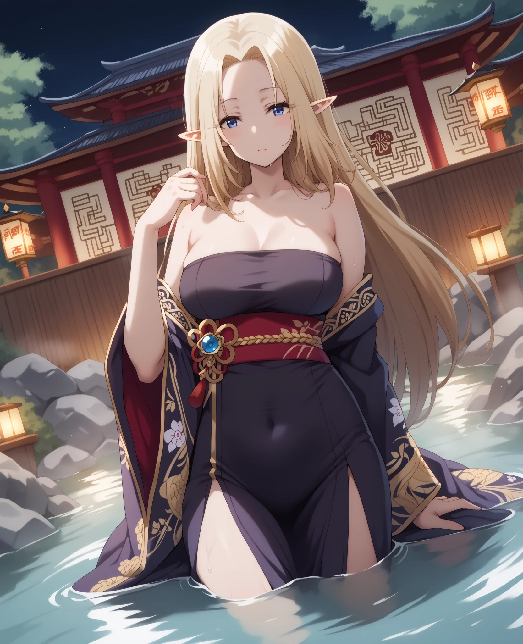marinkitagawa, marin kitagawa, blonde hair, choker, ear piercing, earrings, long hair, piercing, (red eyes:1.5), straight hair, swept bangs,
BREAK japanese clothes,kimono,wet kimano, yukata,cleavege,neckline,black choker, naked shoulders,
BREAK indoors, onsen,night,steam,wet,stars,starfall,hot water,
BREAK looking at viewer,
BREAK (masterpiece:1.2), best quality, high resolution, unity 8k wallpaper, (illustration:0.8), (beautiful detailed eyes:1.6), extremely detailed face, perfect lighting, extremely detailed CG, (perfect hands, perfect anatomy), from above,bend over, on knees.
