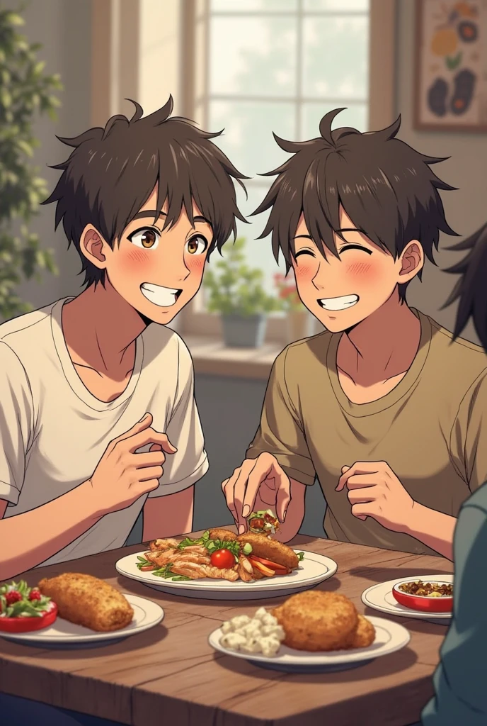 two anime boys eat barbecue together