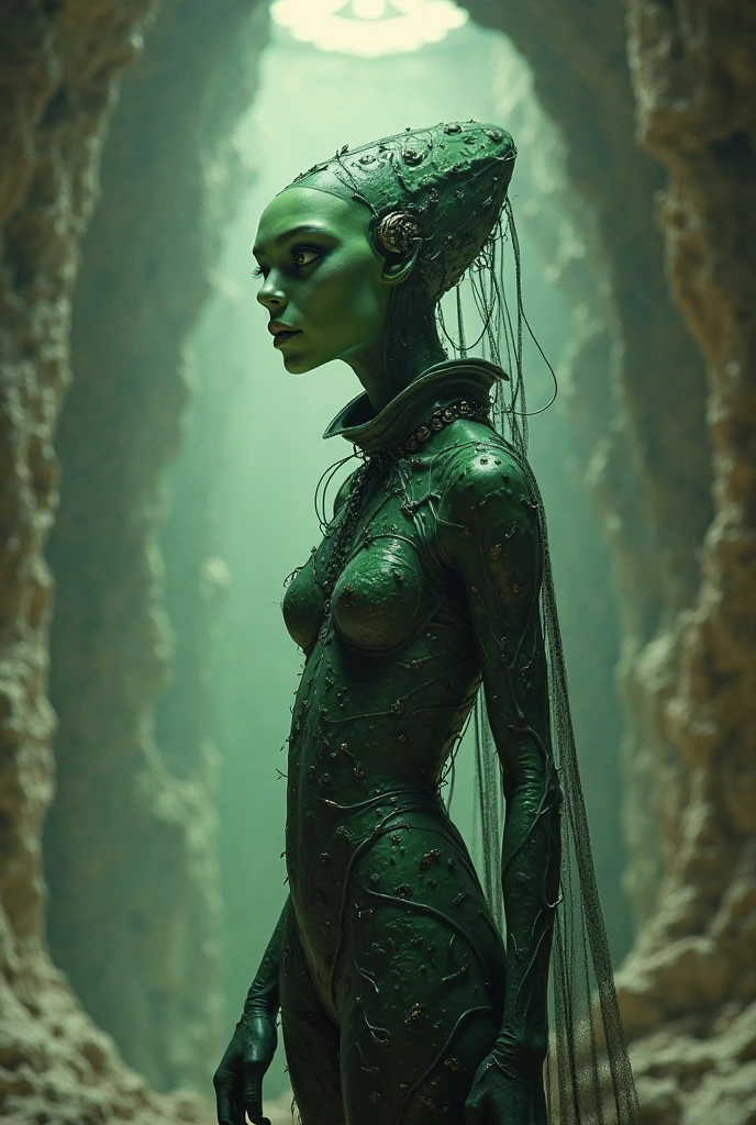 (best quality,8k,ultra-detailed,realistic:1.37),alien,strongly detailed features,symmetrical(long body,long legs,long arms),distinctive appearance,proportional body structure,large head,large black eyes,large nose,full lips,light green skin tone,intense gaze,otherworldly presence,unique facial expressions,eerie yet intriguing,full-body view,subject in the center,striking contrast in colors,vivid and saturated,soft lighting,highly detailed textures,masterpiece:1.2