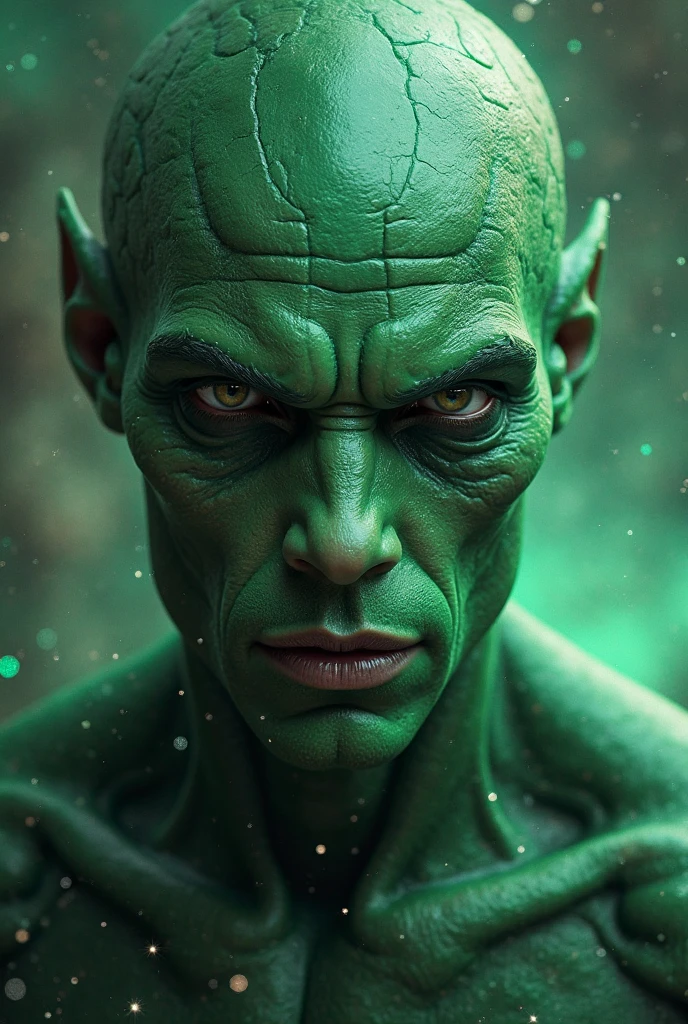 green giant with green eyes in space with a black hole behind with fire