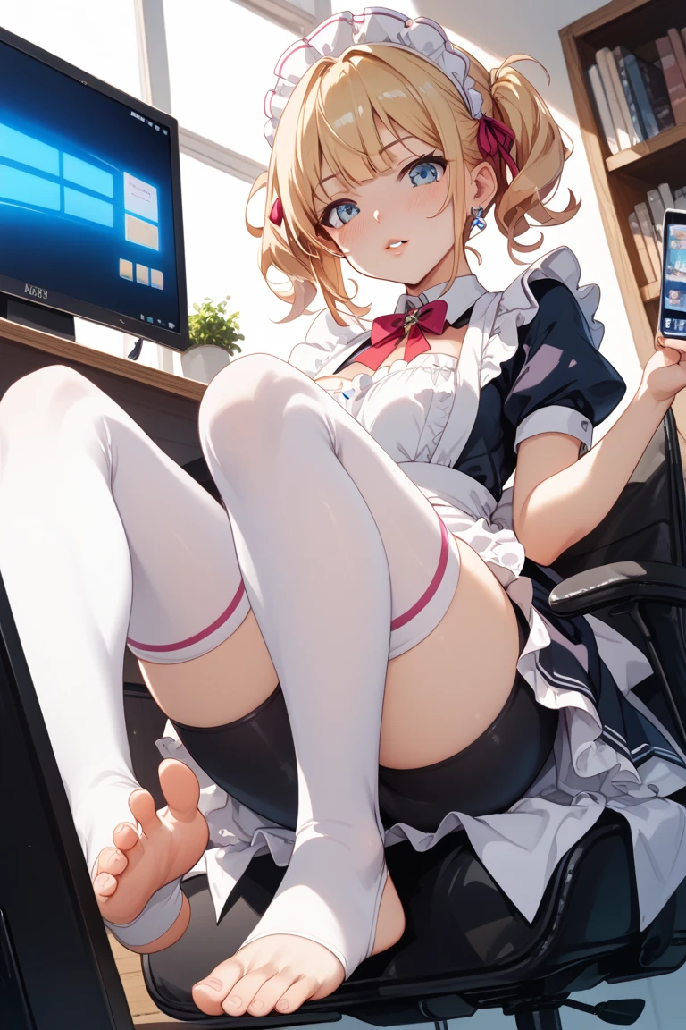 (score_9,score_8_up,score_7_up,),<lora:yukie:1>,Yukie zf,purple eyes,blonde hair,solo,glasses,animal ears,braid,black skirt,plaid skirt,clothing cutout,smile,shoulder cutout,bow,short sleeves,white shirt,animal on head,kneehighs,looking at viewer,hair ornament,puffy sleeves,black socks,straight-on,shirt tucked in,symbol-shaped pupils,thigh strap,short hair,loafers,collared shirt,tattoo,bandaid on leg,lying,