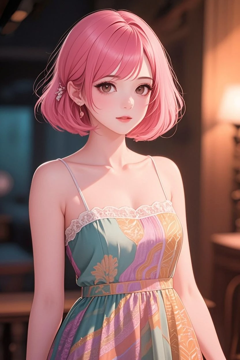 (((masterpiece))),(((High resolution)))、(((8K quality)))、(((Perfect Face)))、((Top quality eyes)), One Girl、24-years-old、Best Bust、Medium Chest、Beautiful Eyes、Pink Hair, Very short hair、blue eyes, Cleavage、white dress, cowboy shot, Look at the photographer、 Very cute face, Glossy Lips, Natural smile、On the terrace of a stylish cafe in the city、Shallow depth of field