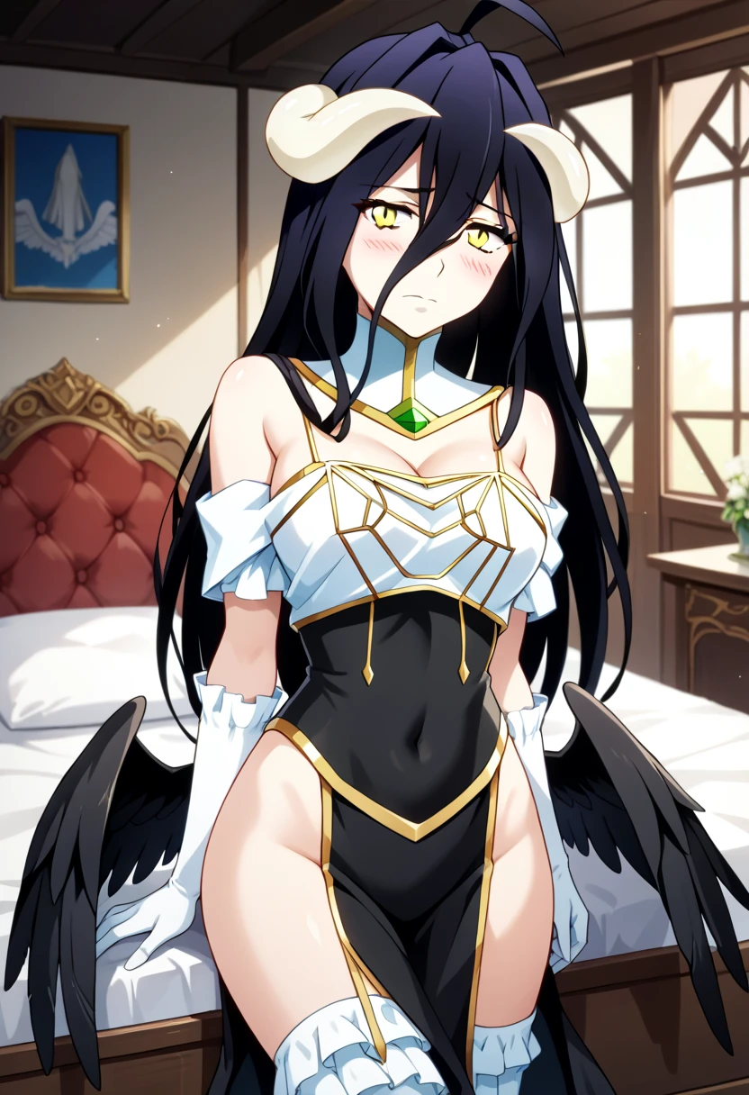 masterpiece, best quality, highres, al1, demon horns, slit pupils, white gloves, white dress, bare shoulders, detached collar, cleavage, black wings, feathered wings, low wings, all fours, bed, smile,