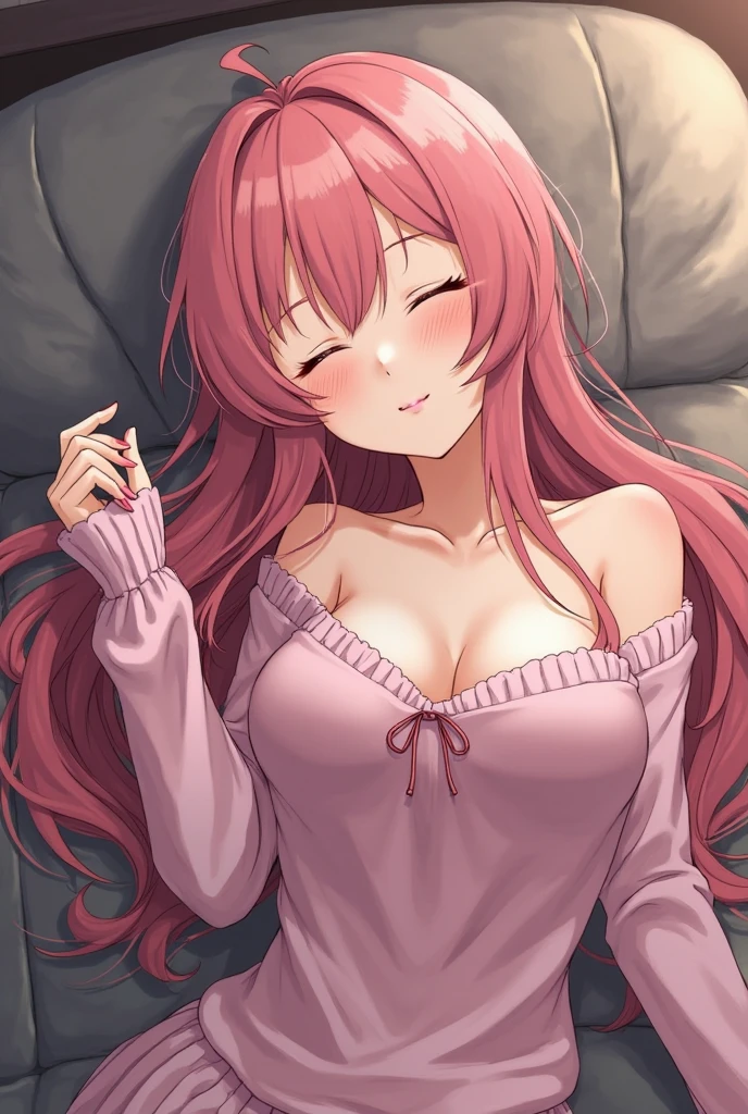 sexy woman, close your eyes, open your mouth, Very deep blush, Red tip of nose, long neck, Off-shoulder pink sweater, earrings, Medium chest, visible cleavage, Bedroom, warm lighting , lying in bed