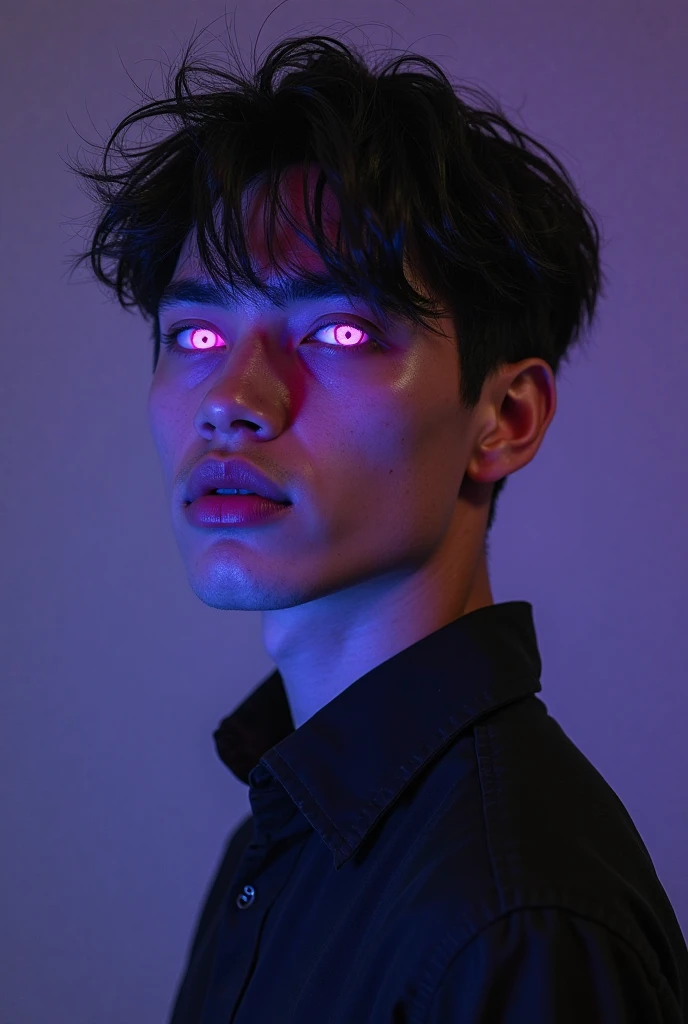 An Asian man with defined abs, red haired and pink eyed.