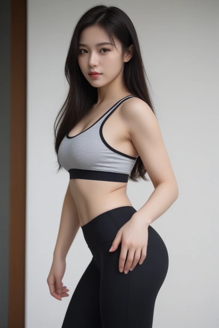 best quality, masterpiece, (photorealistic:1.4), 1girl, light smile, standing, satin crop top, leather leggings, waist up, dramatic lighting, from below