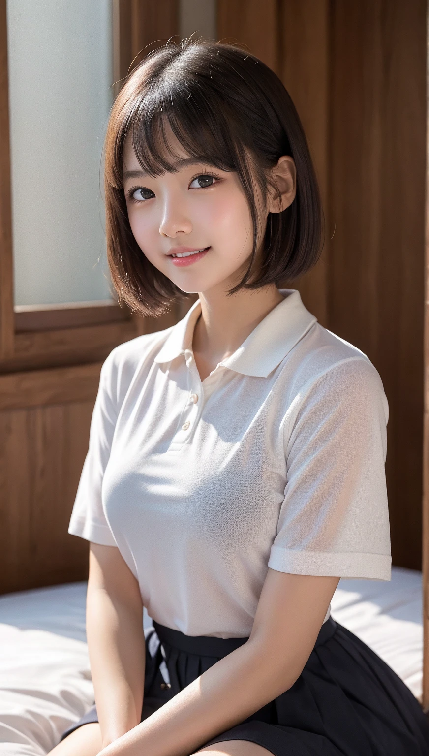 8K, highest quality, real image, intricate details, Super detailed, ultra high resolution, depth field,(realistic,realistic:1.2),table top, narrow eyes, frontal shot , straight hair, From the middle , 1 girl, 23 year old girl, small eyes:1.3, narrow eyes:1.3, beautiful breasts:1.5、highly detailed eyes:1.2)、(beautiful breasts:1.1), (short hair), bangs, tight waist, light blush, alone, looking at the viewer, light smile, (White Round Neck T-Shirt, black shorts), locker room, laughter