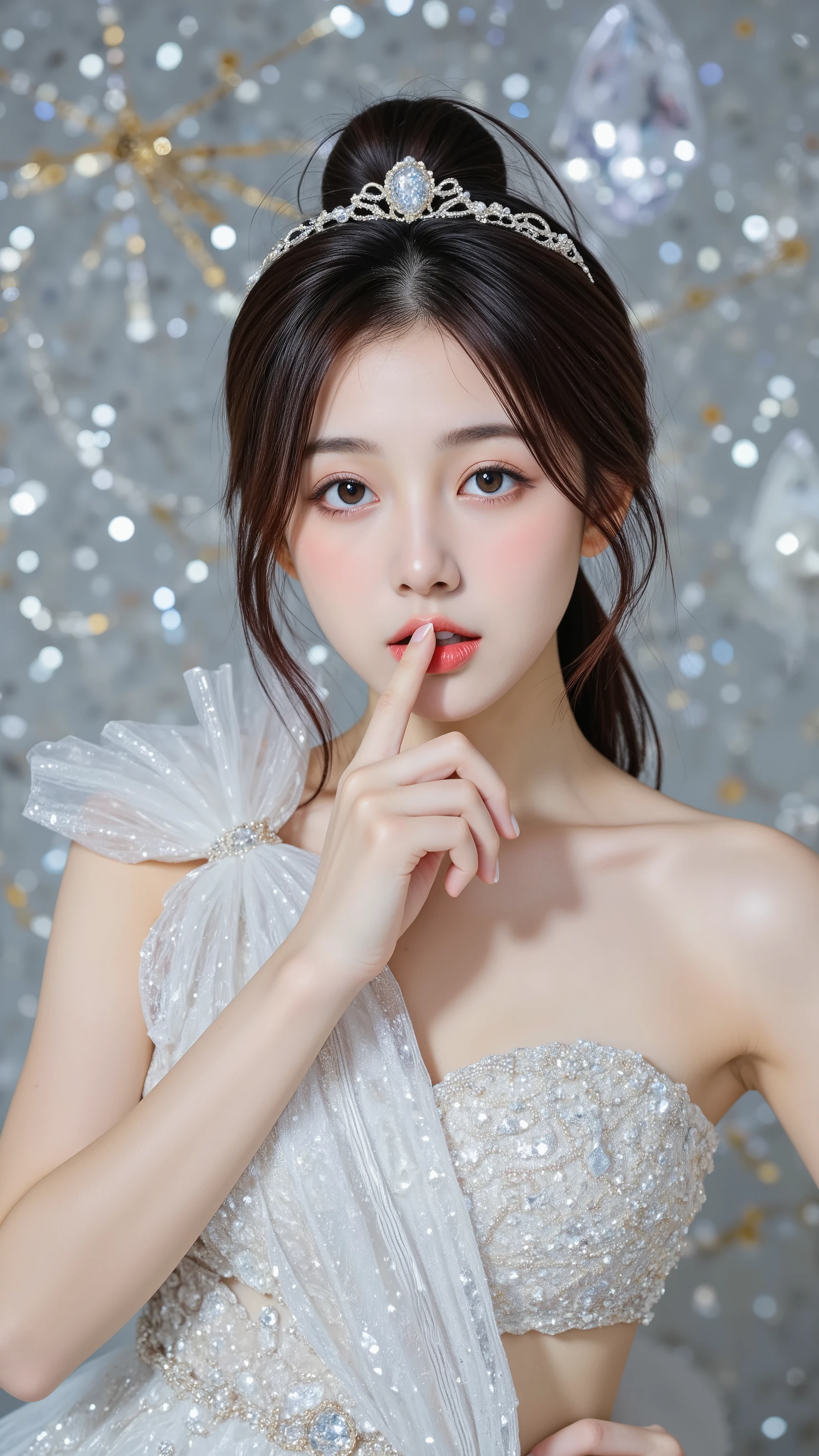A cute Japanese woman with crystal makeup. Crystals sparkle in her eyes, she is surrounded by crystals, wearing a silver glitter dress that shows off her cleavage. She wiggles her body, holds a finger to her lips, her skin glows like moonlight, and she smiles sweetly. In the background is an abstract silvery glowing space with gold accents. High resolution photography, exquisite details, soft lighting, and a hyper-realistic style.