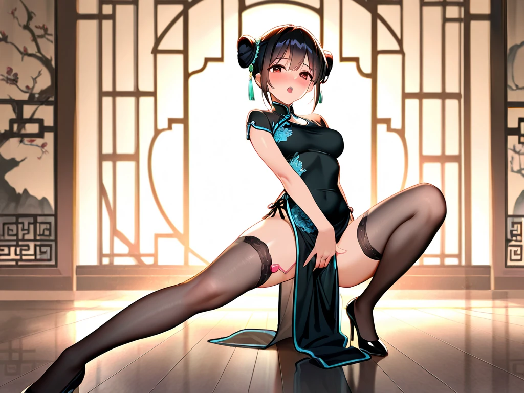 Masterpiece, beautiful lighting, detailed beautiful face, detailed beautiful eyes, high resolution, ultra-fine illustration, very delicate and beautiful, top quality, dynamic lighting, cinematic lighting, (:1.3), Solo, 20s, (black hair, blunt bangs , bun hair, brown skin , red eyes),, curvaceous, (shiny hair, shiny eyes, shiny skin), laugh, smile, (glowing skin: 1.2), , thighs, covered navel, pelvic curtain, gloves, elbow gloves, armpits, smile, black thighs, looking at viewer, earrings, thighs, squatting, arms up, under, blush, sweat, jewelry, thick thighs, gloves, bangs, arms behind the head, (Cheongsam), legs spread, lips parted, full body, pantyhose, blushing cheeks, high heels