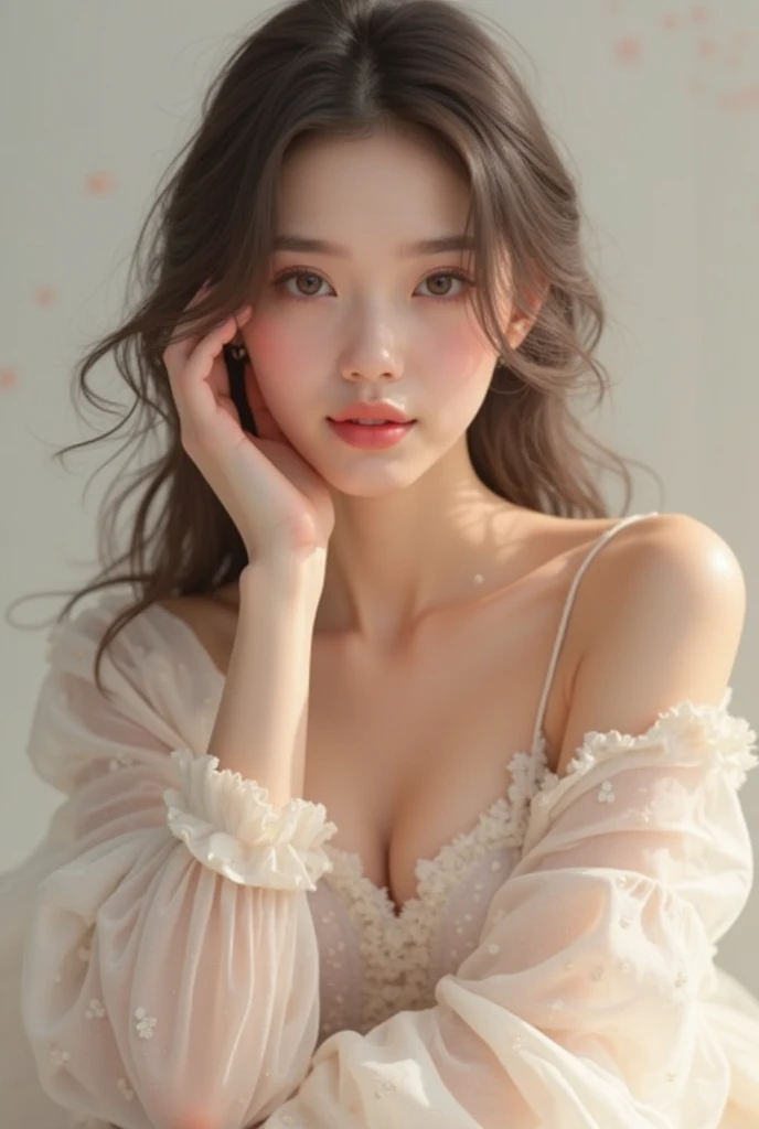 Beautiful Japanese Women, A mysterious girl wearing a transparent cloth, Hit the knee, A haunting and fantastical portrait painted in an abstract style, Crystals decorating hair, In a swirl of fantastic pastel colors and soft light, Evokes a sense of serene serenity and elusive beauty, Big magic eye, A kind smile, Smooth and soft skin, Attractive pink lips, Natural Makeup, A fleeting look, Perfect collarbone, High resolution perfect chest, High resolutionの美しい太もも,(highest quality, 32K, High resolution, masterpiece:1.2)