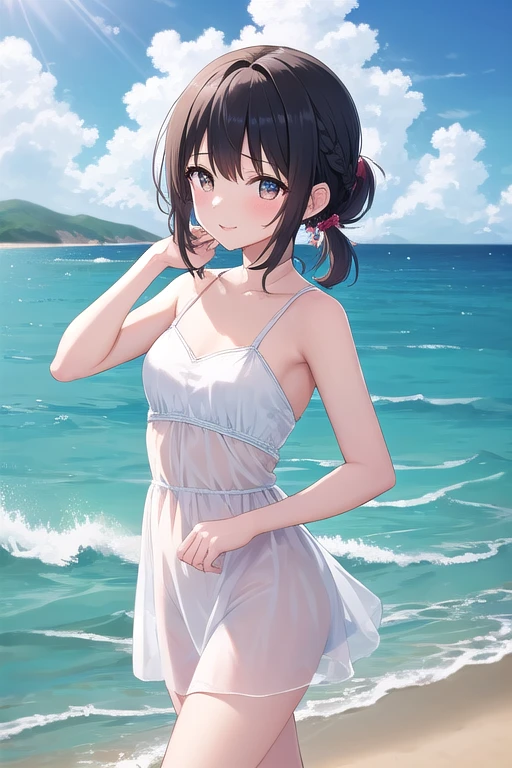 1girl in、A smile、(small tits)Chilarism、夏天、the ocean、sea bathing、(Wearing a white swimsuit)、beach、the wind、suns、