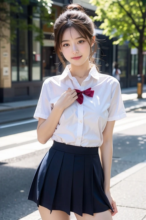 (masterpiece:1.2), super high quality, japanese girl, (super realistic), (super photographic style), 1girl, (), tits, (collared shirt), (bow tie), (skirt), (short sleeves), street, smiling, socks, beautiful legs line, like a model style,