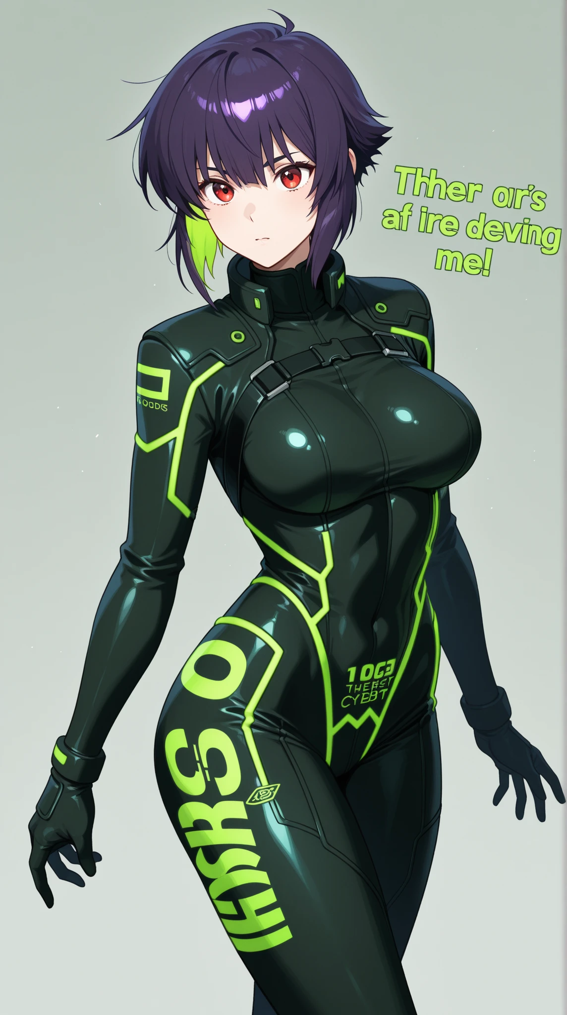1girl, tan, tan skin, tan-skinned female, tomboy, thick thighs, yellow eyes, black hair, very short hair, spiked hair, pixie cut, large breasts, hourglass figure, bodysuit, black bodysuit, neon, neon trim, machinery, tech, science-fiction, futuristic, smile, standing, full body, ((full body)), pantyhose, black pantyhose