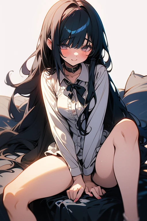 (1) A woman is sitting on a bed holding her knees, But you can see her white panties between her thighs and skirt..
(2) She is wearing a white cutter shirt and a black long skirt. Her feet are barefoot, of course.
(3) she has long black hair.
(4) her expression is、It has shiny eyes。 (angry eyes).
(5) She is 26 years old and looks mature..
(6) The location is the bed in the bedroom of a rainy apartment..