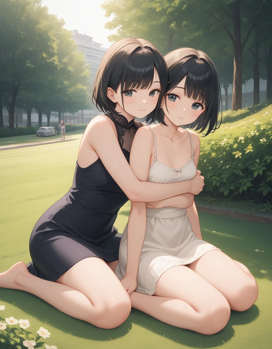 Two very young girls kiss while sitting on park bench, bare nipples, transparent sundresses, naked under dresses