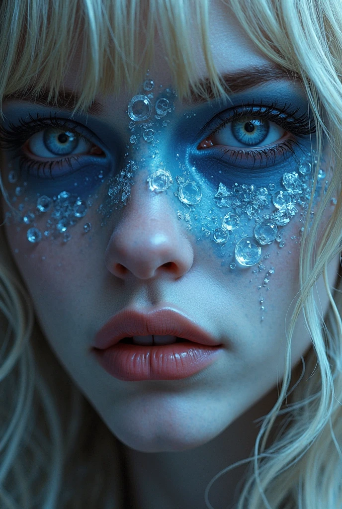 1 Marilyn Monroe, extremely beautiful blonde. Extremely slender, big bright blue eyes, wearing See-through silhouette shirt falling down showing shoulders, symmetrical body, sensualizing, pouting with orgasmic expression, highly arousing, high quality 32k, UHD, hyper-realistic, cinematic, dynamic close-up above.