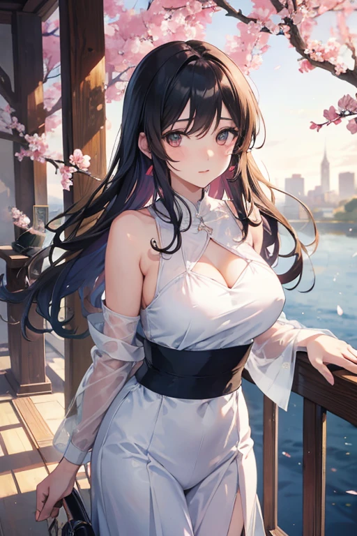 1 female、whole body、bottom angle、brown hair、long hair、well-groomed face、silver hair、dense lips、red eyes、blue one piece、valley、slim、mini skirt、cherry blossoms、cherry blossoms吹雪、petal、hot spring town、night、full moon、masterpiece、ultra high resolution、delicate、perfect lighting、sunlight、16K