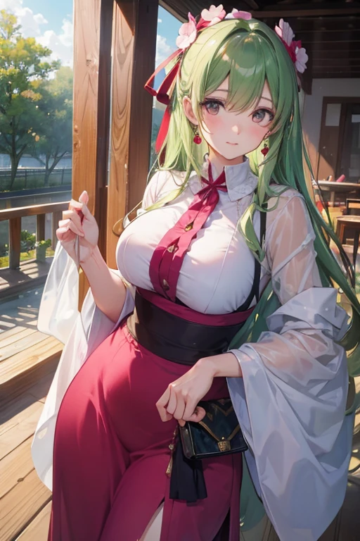 Green Hair、Straight bangs、long hair、China dress、Big Breasts、Chest、Shoulder Bare、tights、China Town