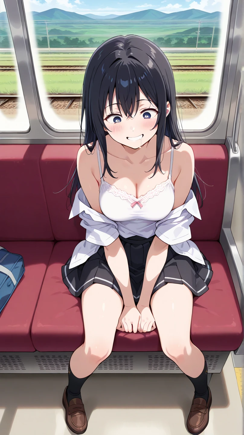 nagatoro hayase, 1 girl, blue skirt, The cleavage is open, small breasts, (from below:1.2), bent down, grin and laugh, blush, highest quality, masterpiece, perfect lighting, swimsuit