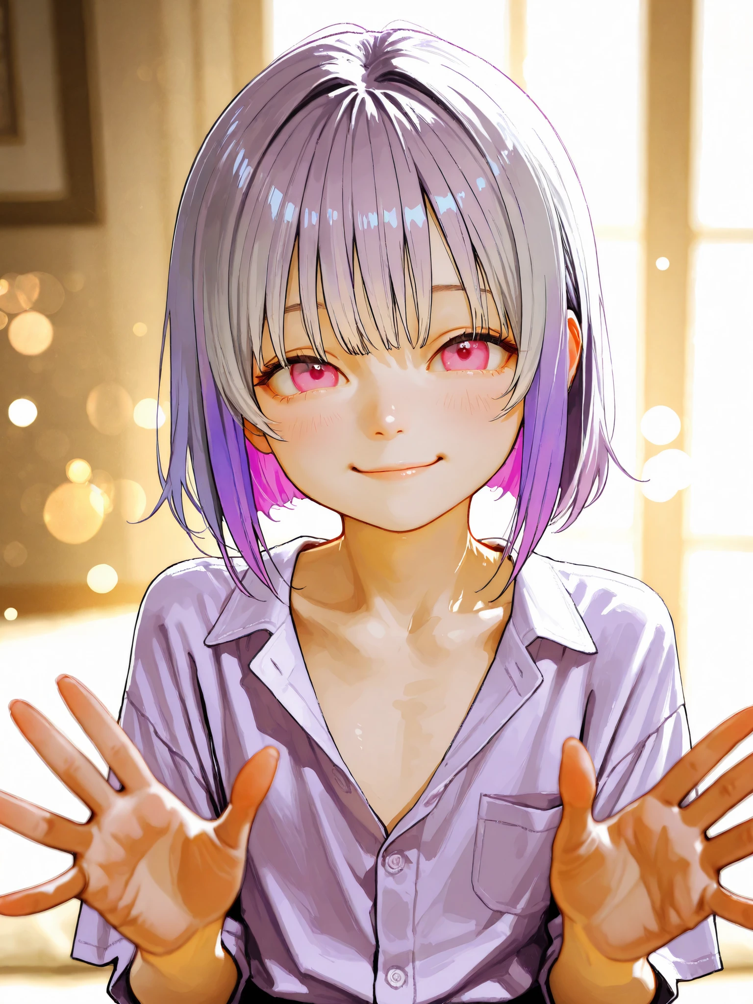 short girl, 1 girl,is young, flat chested,realisticな外観, big pink eyes, short bob、Gradation color purple hair and gray hair、plain shirt、 has loose chest、sit、kind smile、waving hands、細部にこだわったrealisticな影、movie stills, real、Highest Quality, realistic, 4K Rendering, ultra-fine texture, Professional , bright color, Bokeh